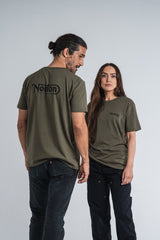 Short Sleeve Khaki Tee With Front And Back Logos - Unisex