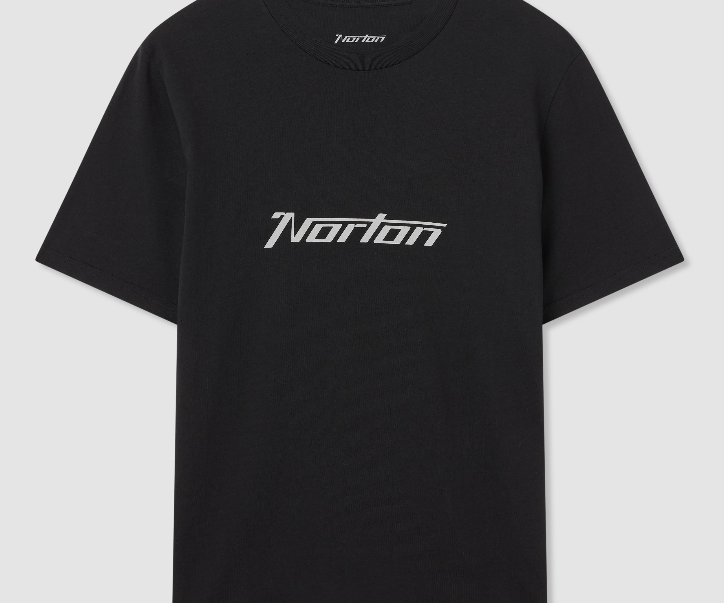 Black t-shirt with 'Norton' logo on a light gray background